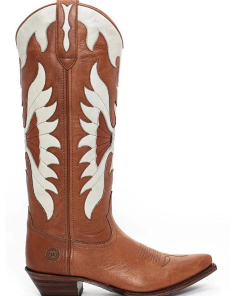 Ranch Road Boots tall tan leather cowboy boot with white flame inlay panels and pointed toe, side profile view