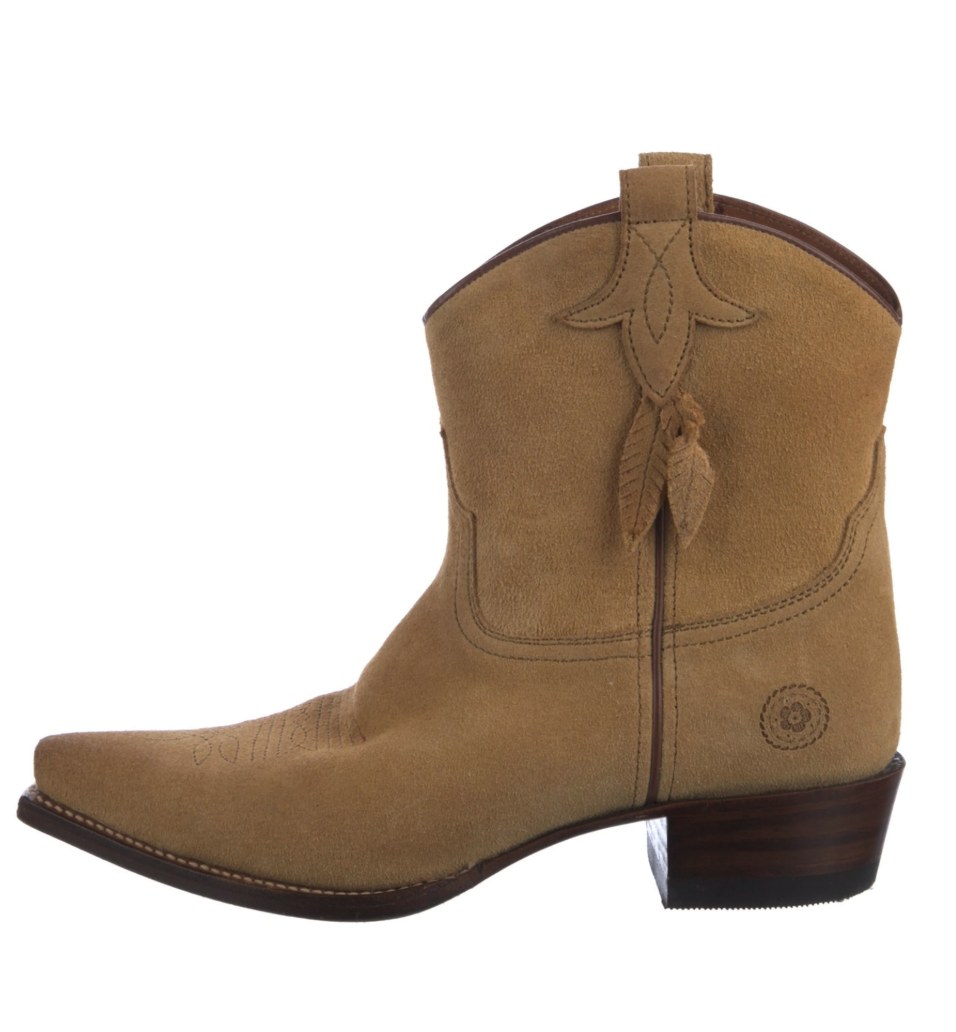 Ranch Road Boots honey suede short ankle cowboy boot with feather tassel pull tab, side profile view